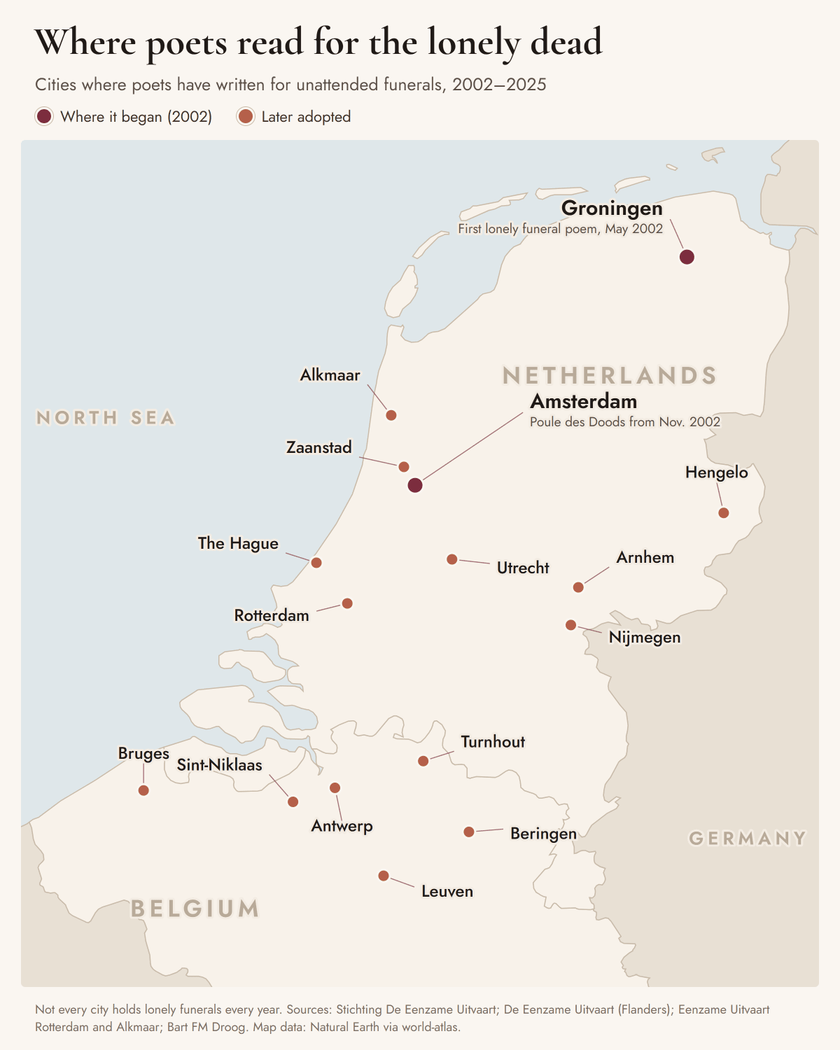Map of the Netherlands and northern Belgium. Groningen and Amsterdam are marked as where the lonely funeral began in 2002. Later adopters are marked at Alkmaar, Zaanstad, The Hague, Rotterdam, Utrecht, Arnhem, Nijmegen and Hengelo in the Netherlands, and Antwerp, Bruges, Sint-Niklaas, Turnhout, Beringen and Leuven in Belgium.