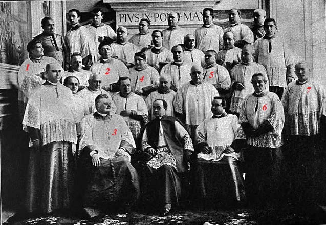 Group photograph of about thirty men of the Sistine Chapel Choir in white surplices, posed in rows in 1898, with five castrati marked by red numbers.