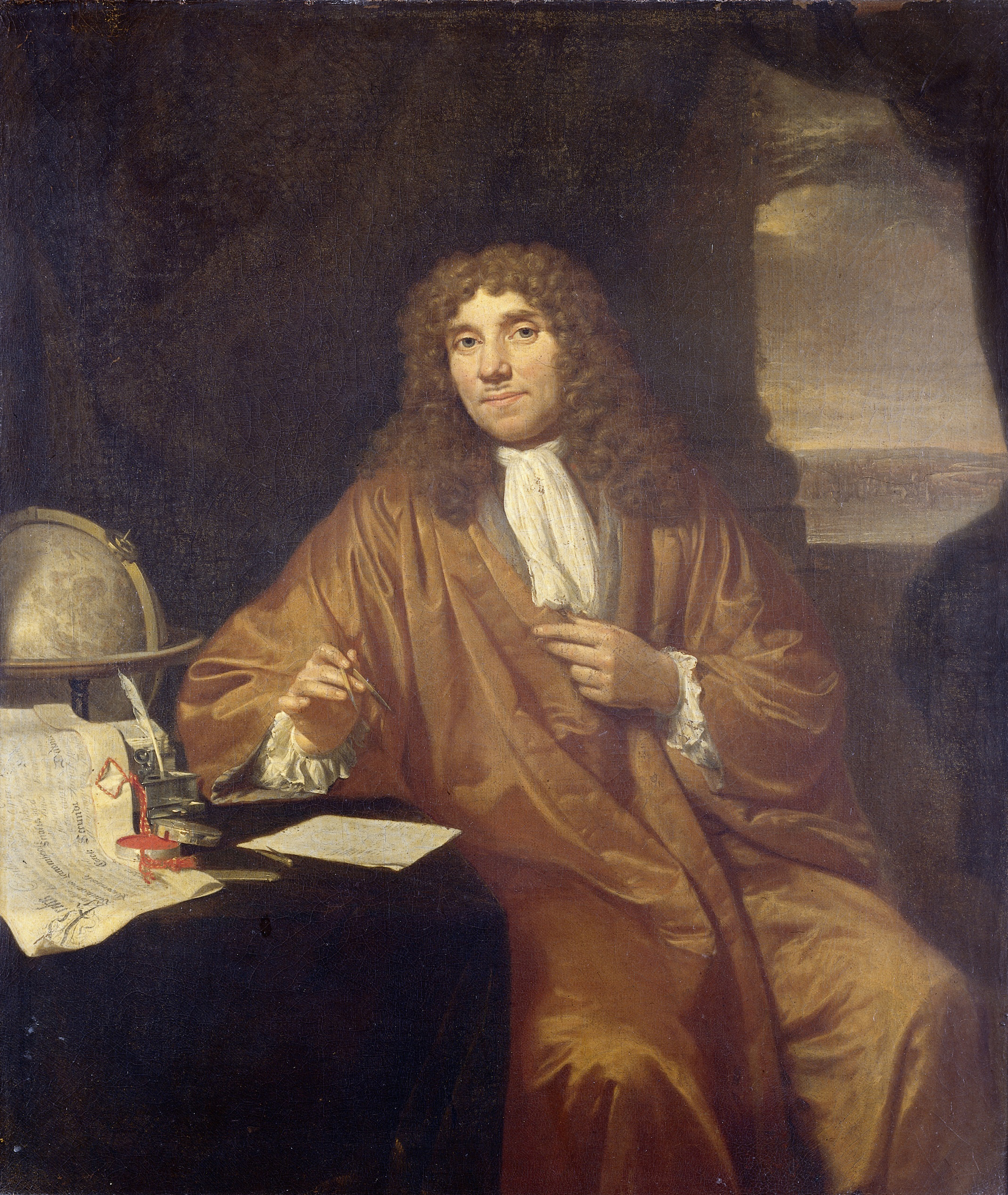 Antonie van Leeuwenhoek, painted around 1680. Using single-lens microscopes he built himself, he became the first person to see the living microbes Varro had only guessed at.