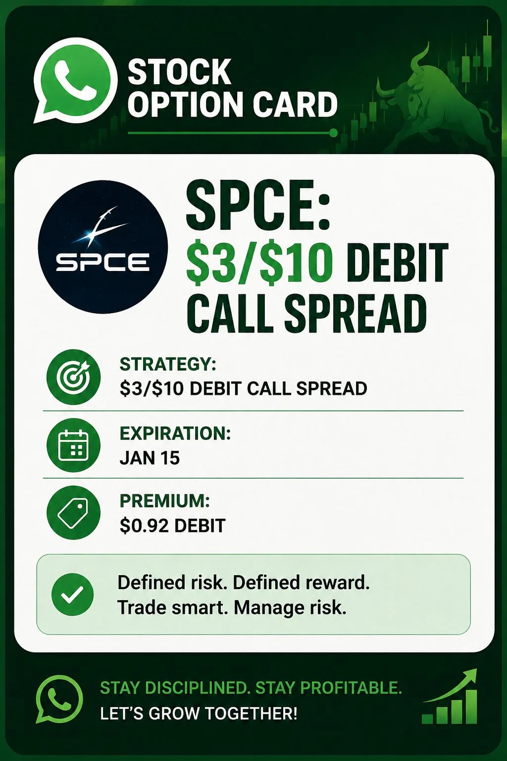 SPCE : $3/$10 debit call spread expiring on Jan 15 for $0.92 premium. 1