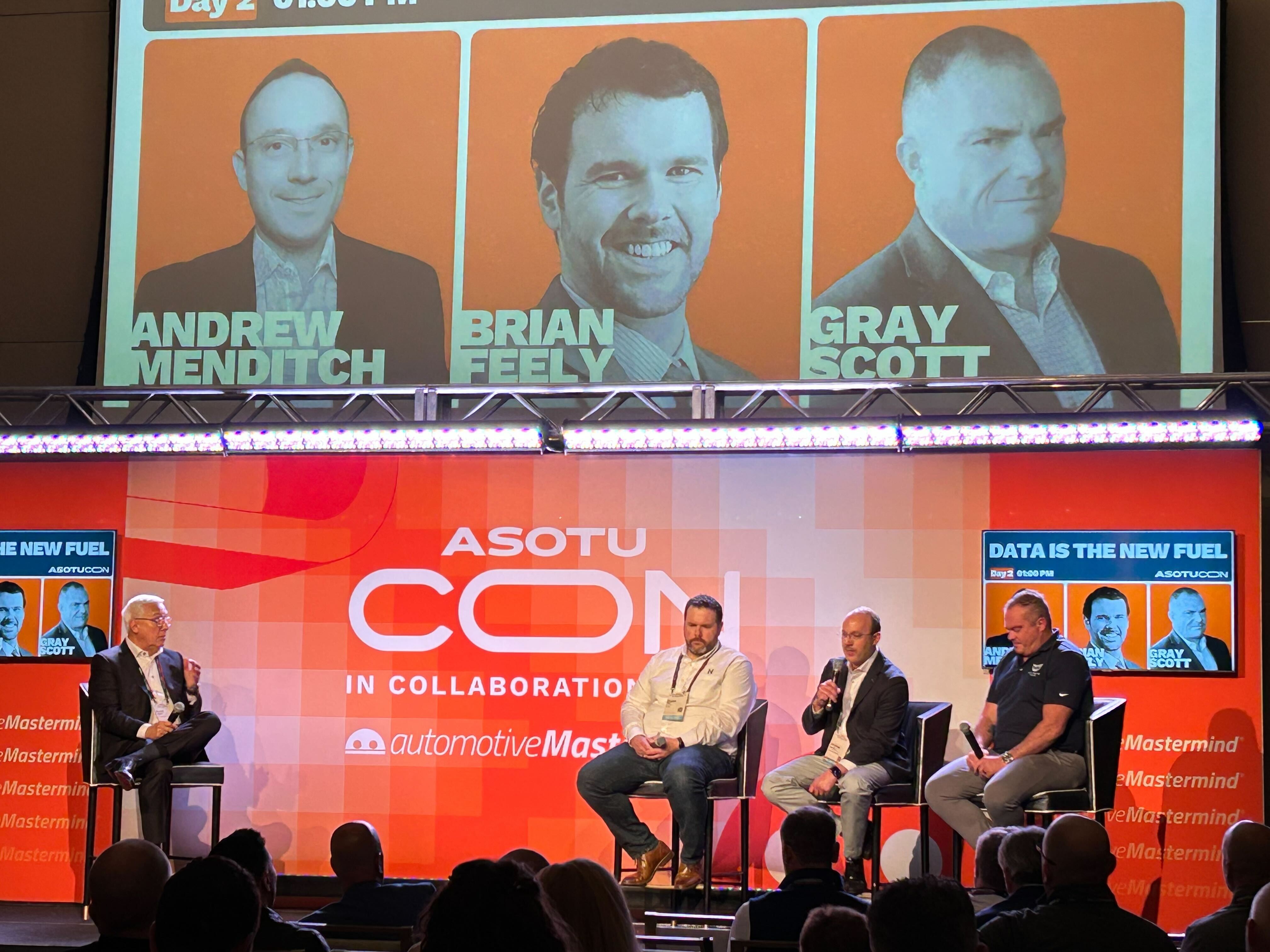 Andrew Menditch, national enterprise account director at automotiveMastermind, takes stage with Bryan Feely, marketing director at Holman, and Gray Scott, VP of marketing at Ultimate Toys, for the Data Is The New Fuel panel moderated by David Spisak.