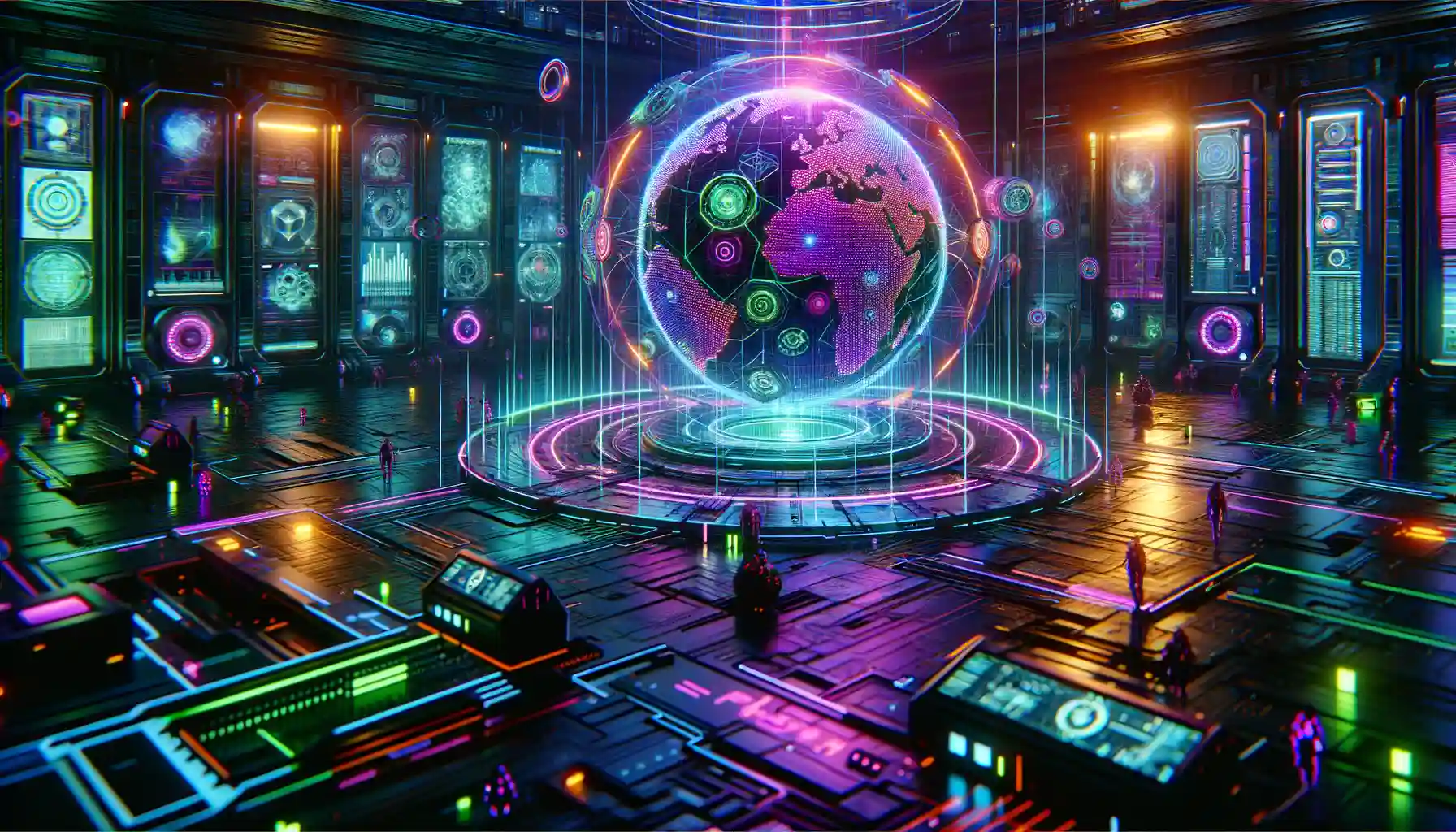 Cybersecurity hub with digital globe, showcasing data analytics and threat detection in a futuristic environment.