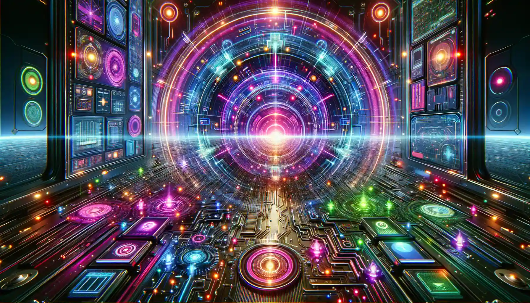Vibrant digital circuit board with glowing data nodes and network connections, representing cybersecurity technology and threats.