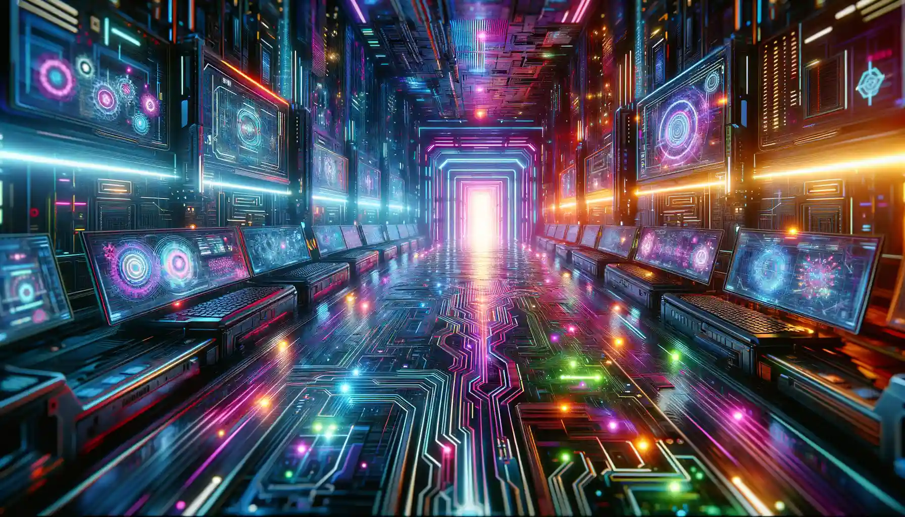 Futuristic data center with glowing screens and circuit patterns, representing advanced cybersecurity technologies and threats.