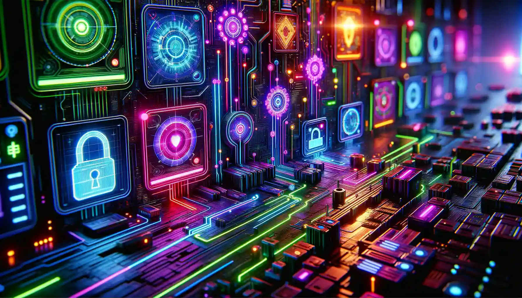 Cybersecurity interface with vibrant lock icons and data flow lines symbolizing vulnerability threats and digital security.