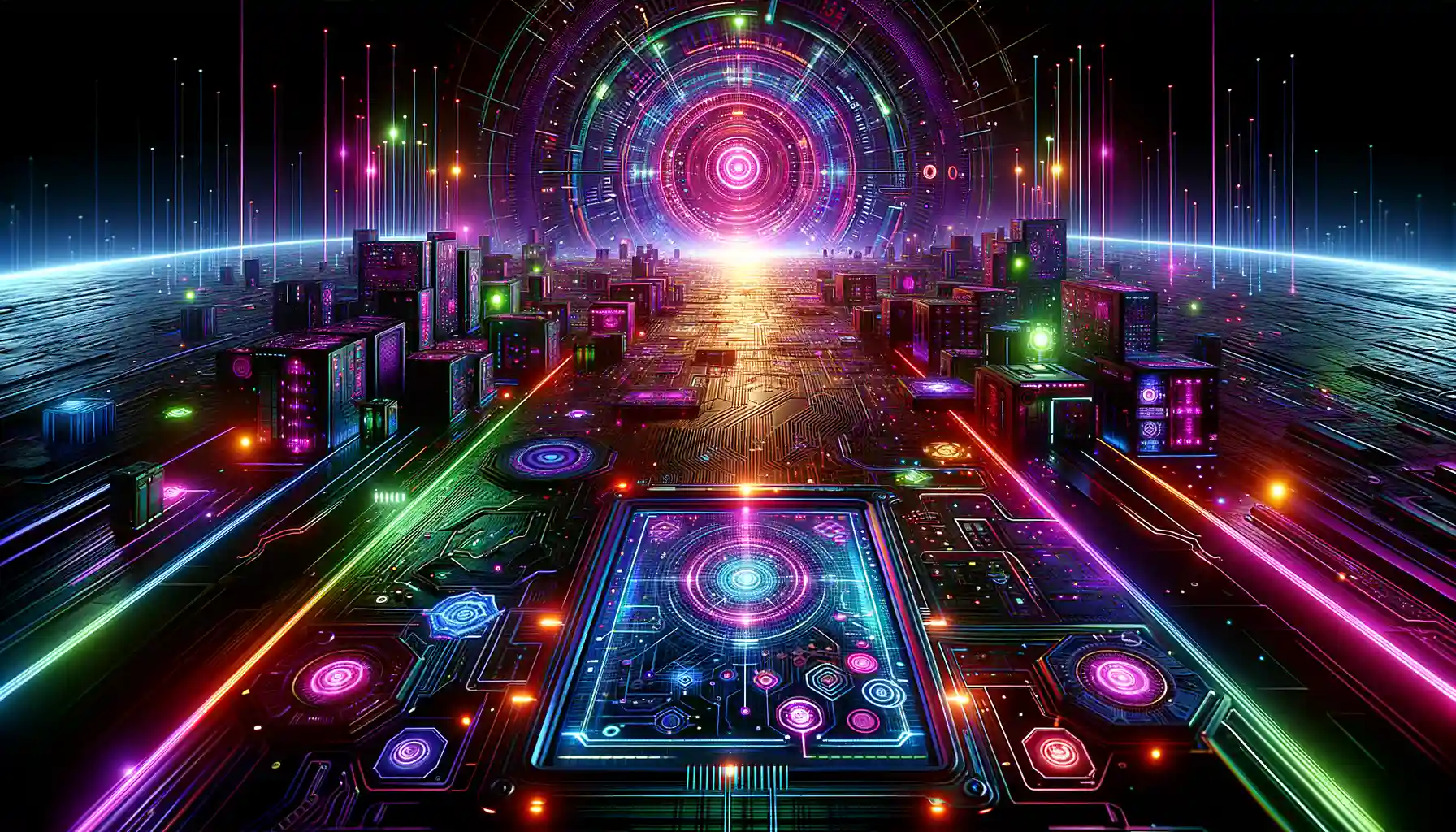 Vibrant digital landscape illustrating cybersecurity networks and AI technologies, highlighting data protection and ransomware risks.