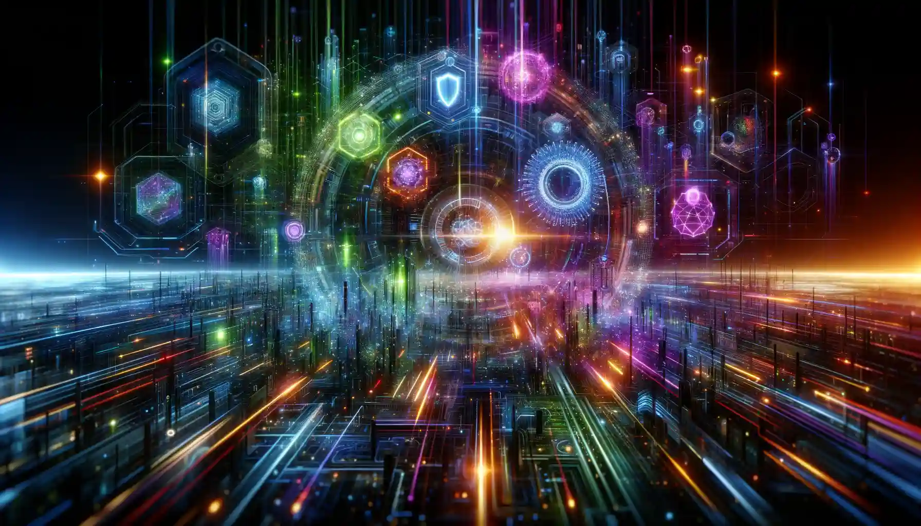 Digital cybersecurity landscape featuring vibrant data streams and security icons, highlighting malware threats and defenses.