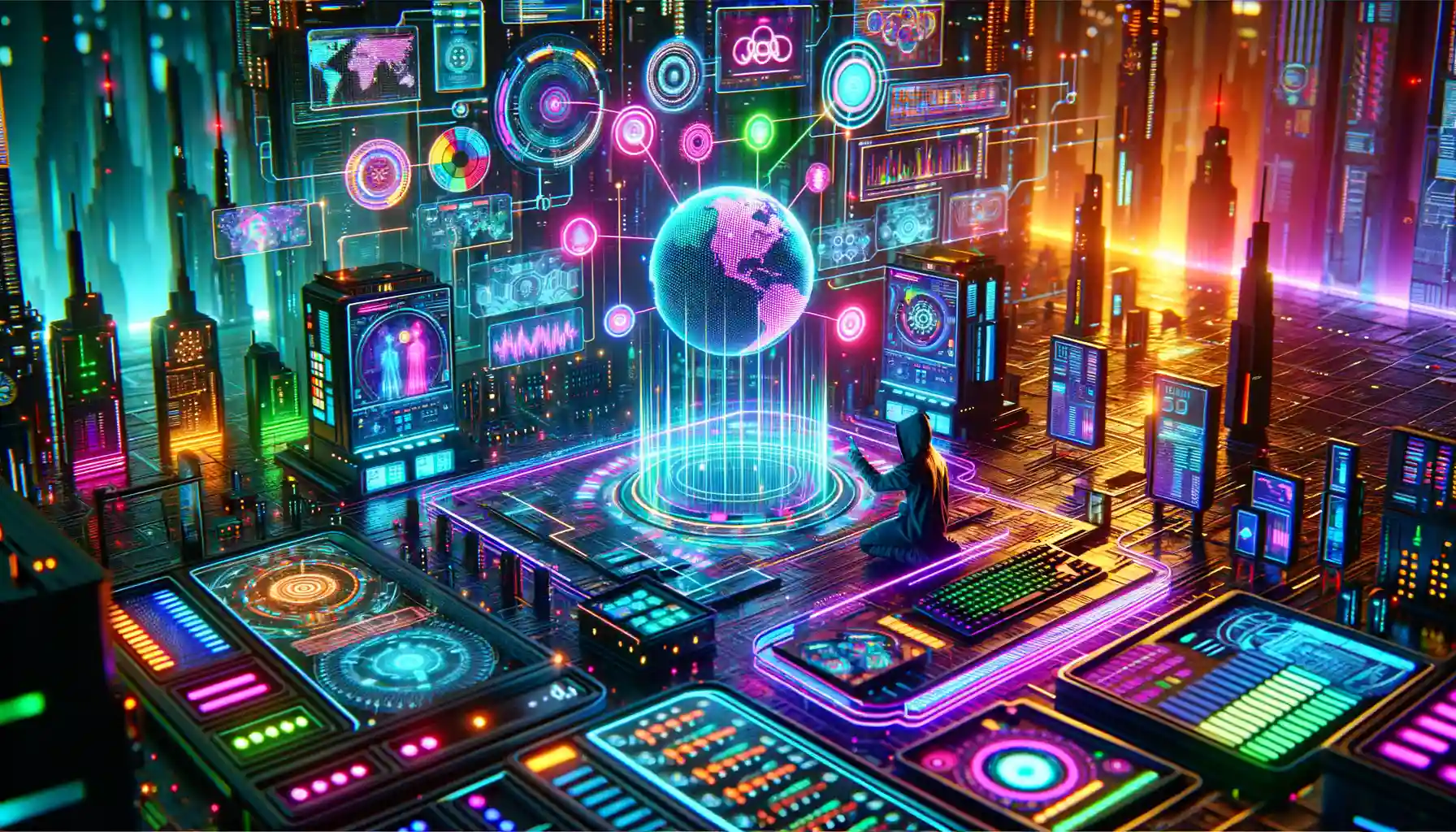 Cybersecurity analyst engaging with holographic data visualization, highlighting ransomware threats and global data security.