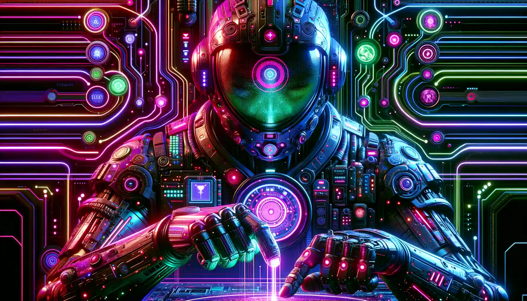 Digital lock guardian made of a circuit board in a vibrant cityscape, symbolizing data security and cybersecurity measures against attacks.