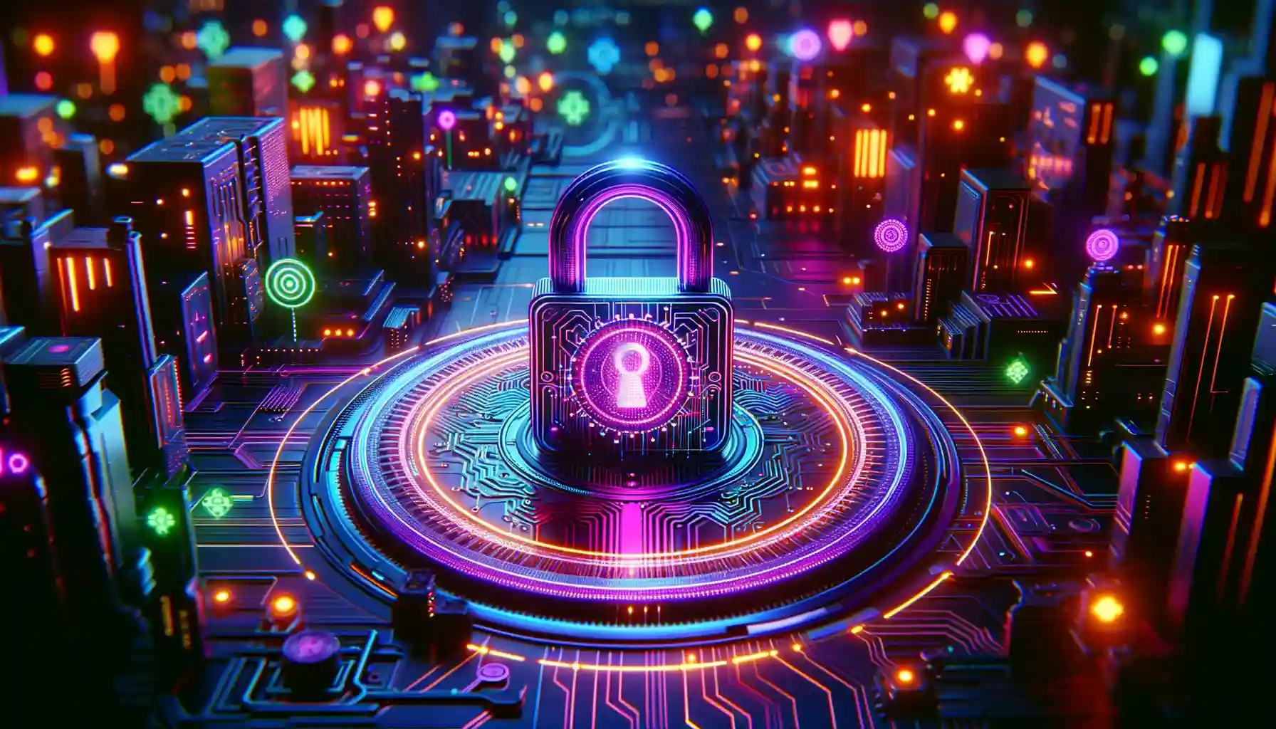 Digital lock on a circuit board in a vibrant cityscape, symbolizing data security and cybersecurity measures against attacks.