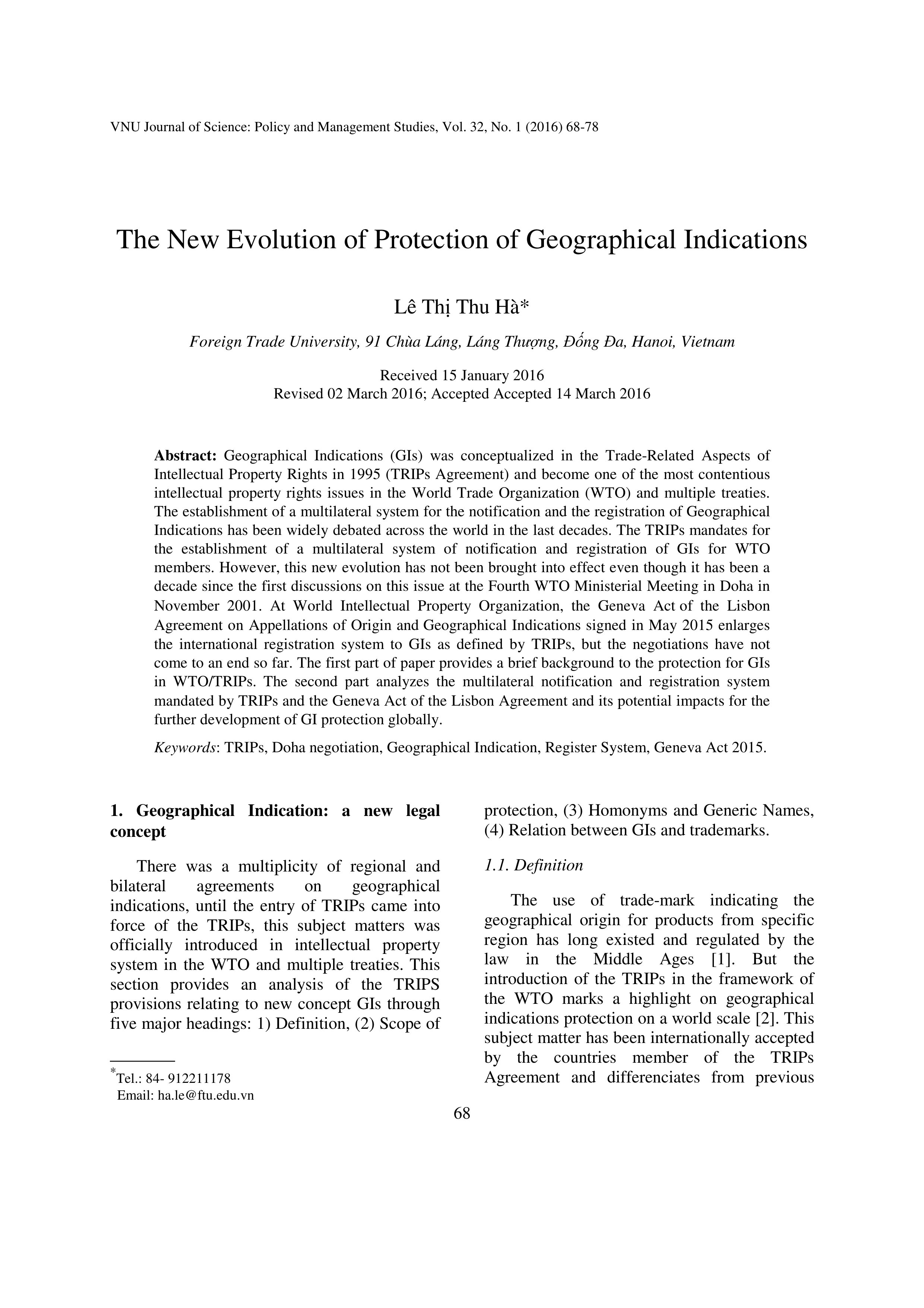 The New Evolution of Protection of Geographical Indications