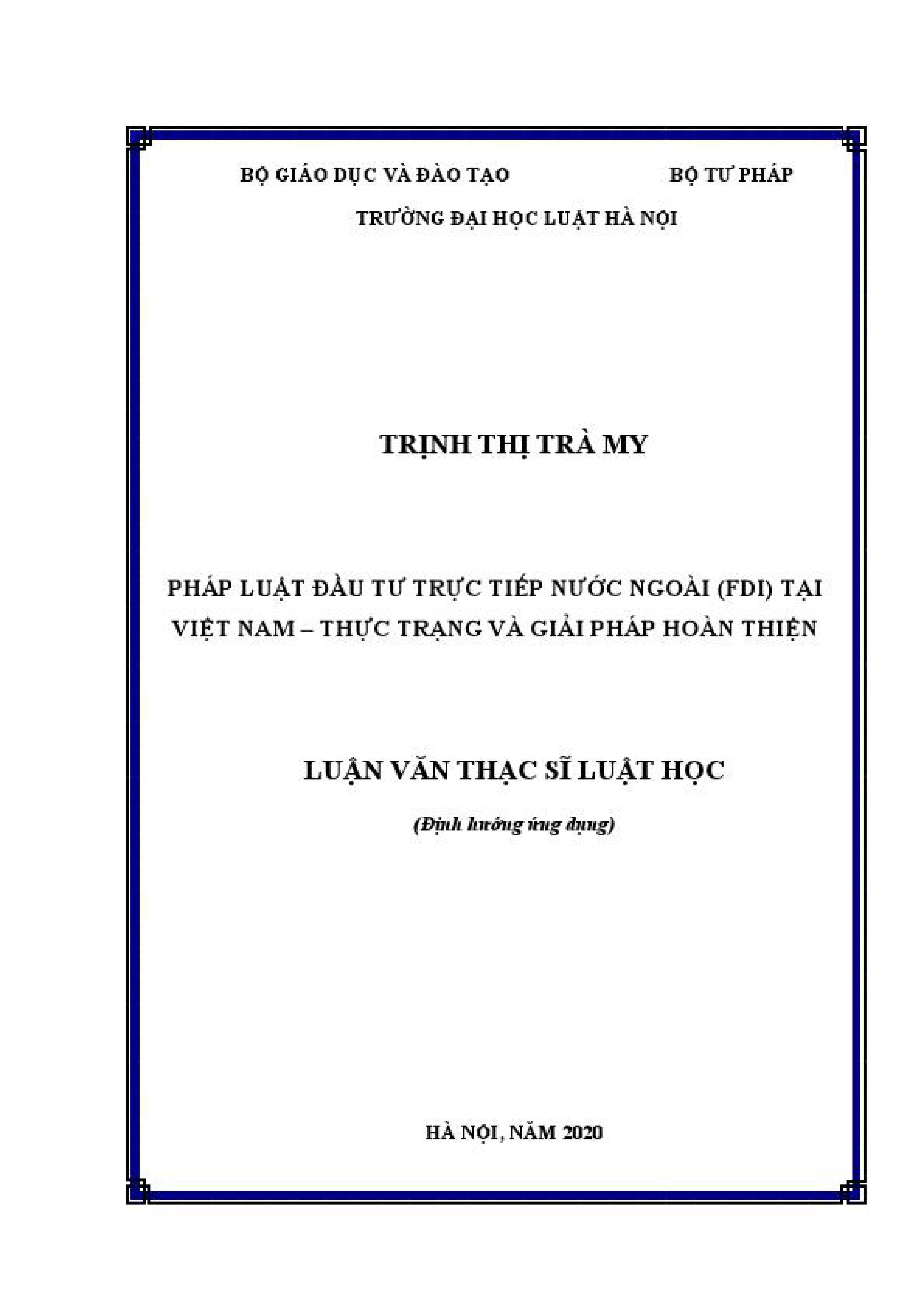 Pháp luật đầu tư trực tiếp nước ngoài (FDI) tại Việt Nam - Thực trạng và giải pháp hoàn thiện