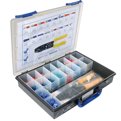 Bild von Kabelschuhsortiment isoliert mit Presszange