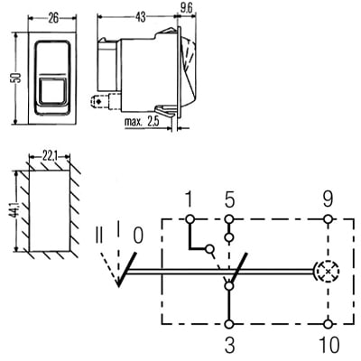 Bild von Kippschalter 44 x 22 mm rast. Aus-Ein-Ein