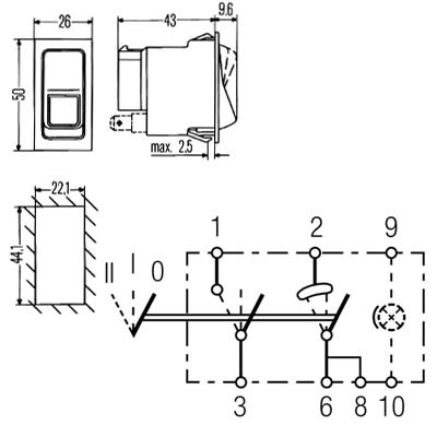 Bild von Kippschalter 44 x 22 mm rast. Aus-Aus, Aus-Ein, Ein-Ein