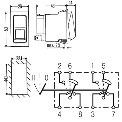 Bild von Kippschalter 44 x 22 mm rast. Ein-Ein, Ein-Ein, Ein-Ein