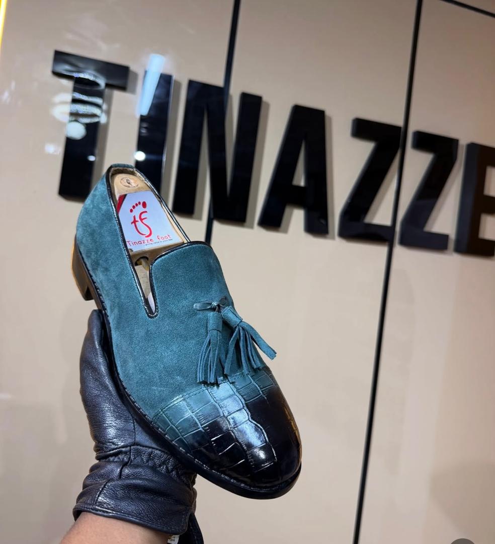 Teal suede. Cros embos toe. Tassel finish
