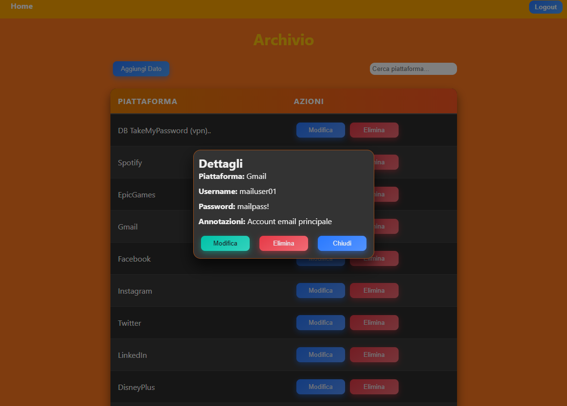 Screenshot 1: Dashboard Gestore Password