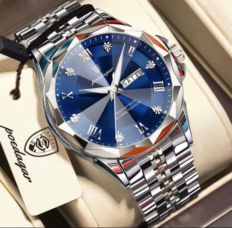 POEDAGAR 698 Stainless Steel Day and Date Gents Watch