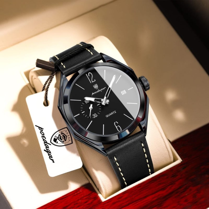 POEDAGAR 689 Genuine Leather Date Display Water Resistant Mens Watch