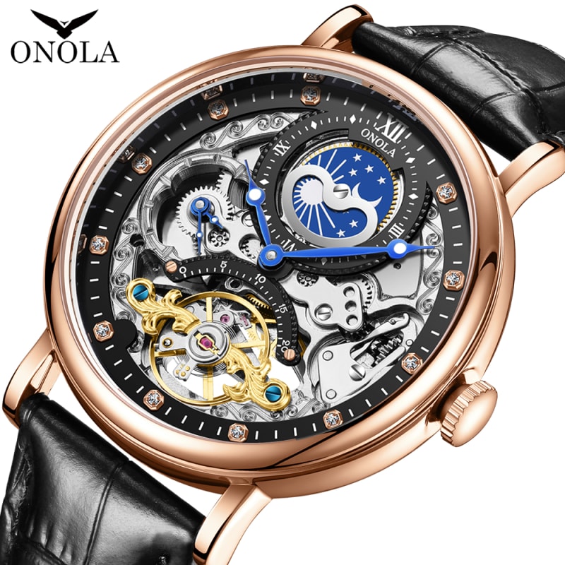 ONOLA Automatic Skeleton Design 3ATM Water Resistant Genuine Leather Mens Watch