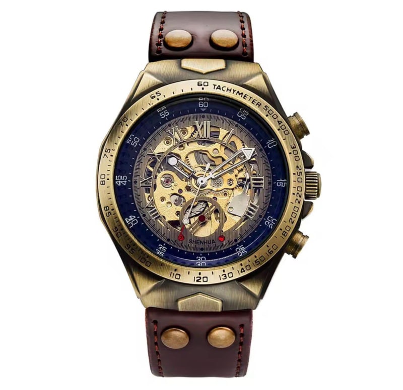 Automatic Gents Watch Bronze Casing Water Resistant Genuine Leather Mens Watch