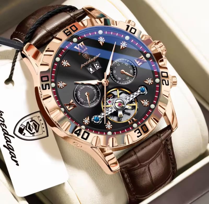 POEDAGAR 1418 Automatic Chronograph Genuine Leather Mens Watch