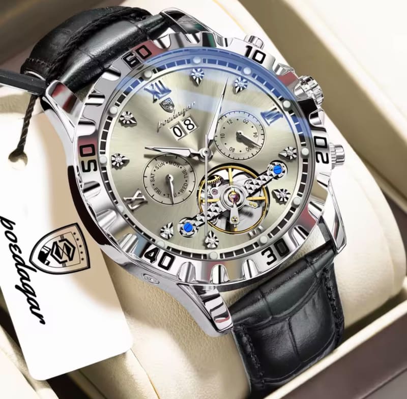 POEDAGAR 1418 Automatic Chronograph Genuine Leather Mens Watch - Grey