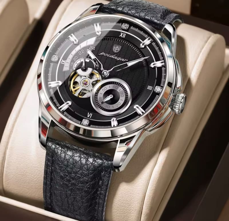 POEDAGAR 1427 Automatic Chronograph Water Resistant Leather Mens Watch