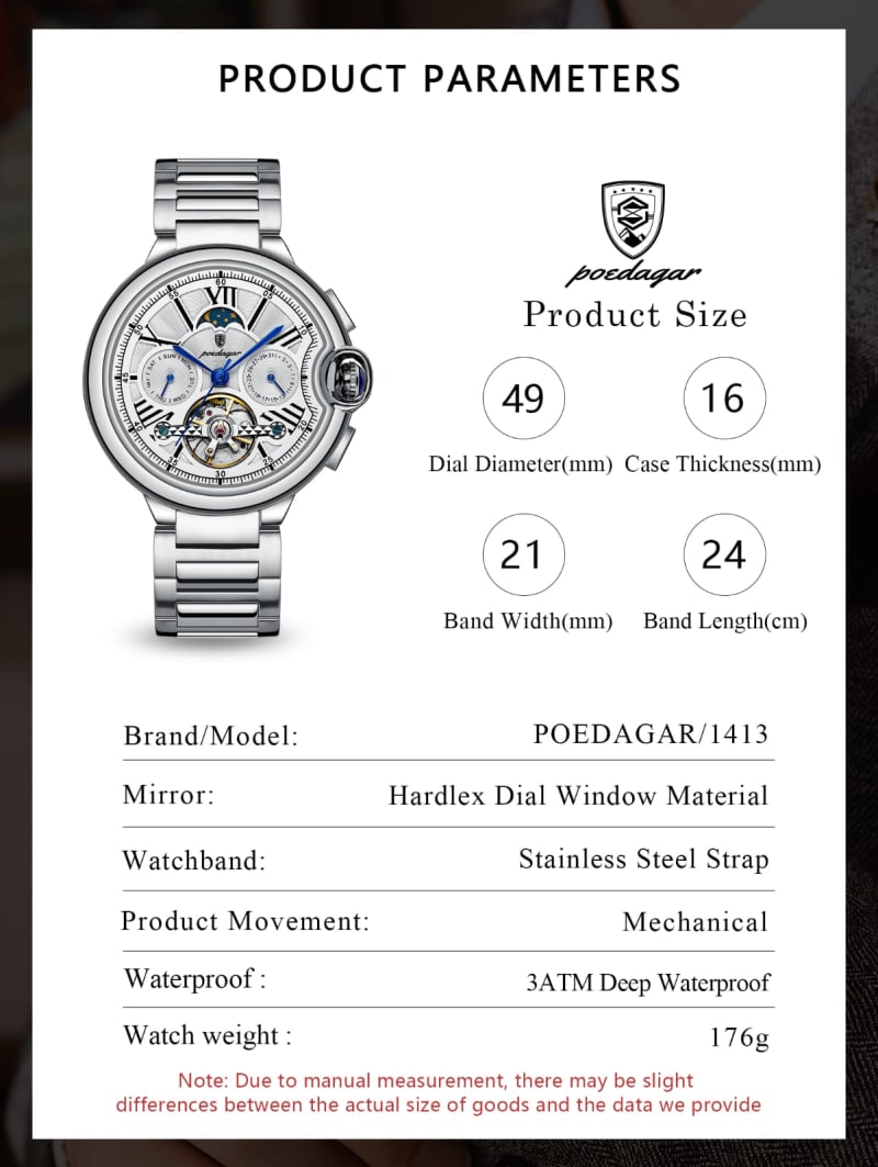 POEDAGAR 1413 Tourbillon Automatic Chronograph Stainless Steel Mens Watch in Kenya