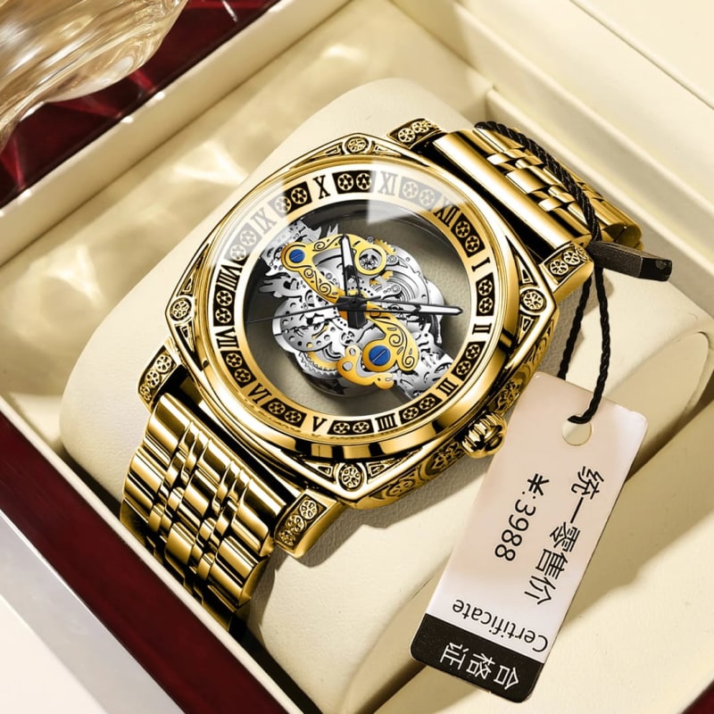 GENTS SKELETON DIAL Battery Powered Water Resistant Stainless Steel Mens Watch