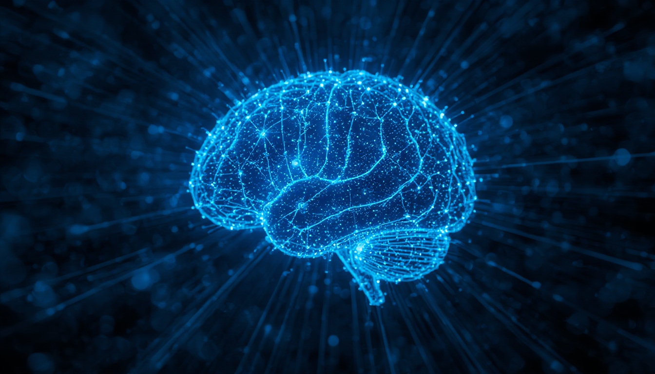 Representação abstrata de inteligência artificial geral, rede neural em tons de azul
