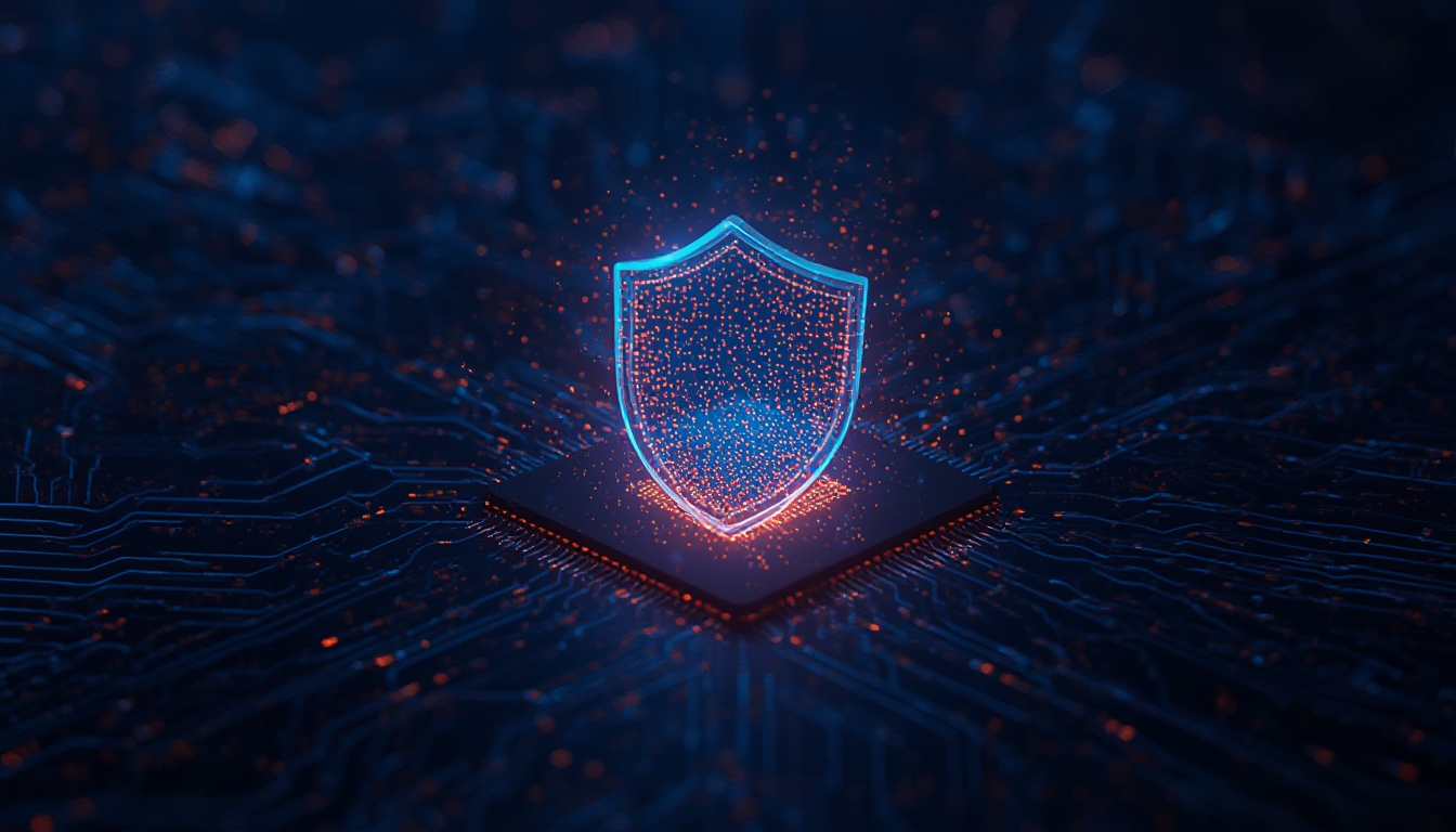 Representação abstrata de escudo protegendo um chip de computador