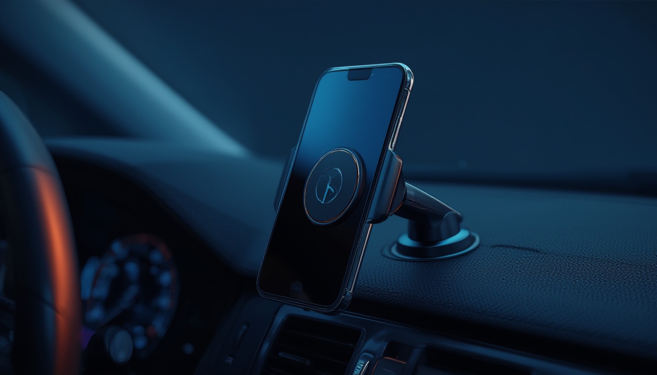 Suporte magnético prendendo smartphone no painel do carro