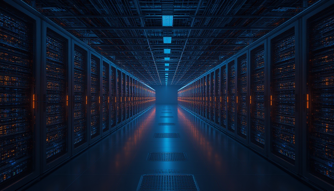 Data center com fileiras de racks de chips de IA iluminados