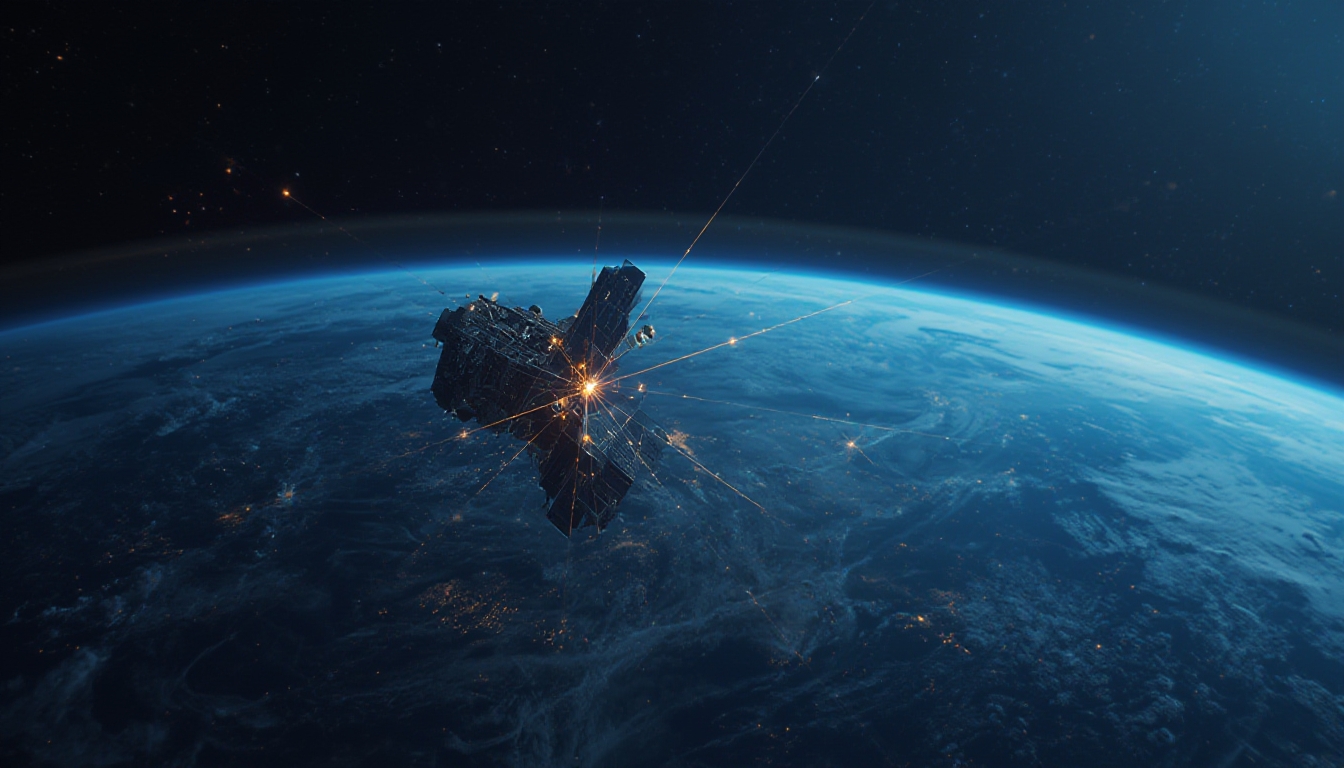 Constelação de satélites orbitando a Terra com feixes de sinal alcançando o Brasil