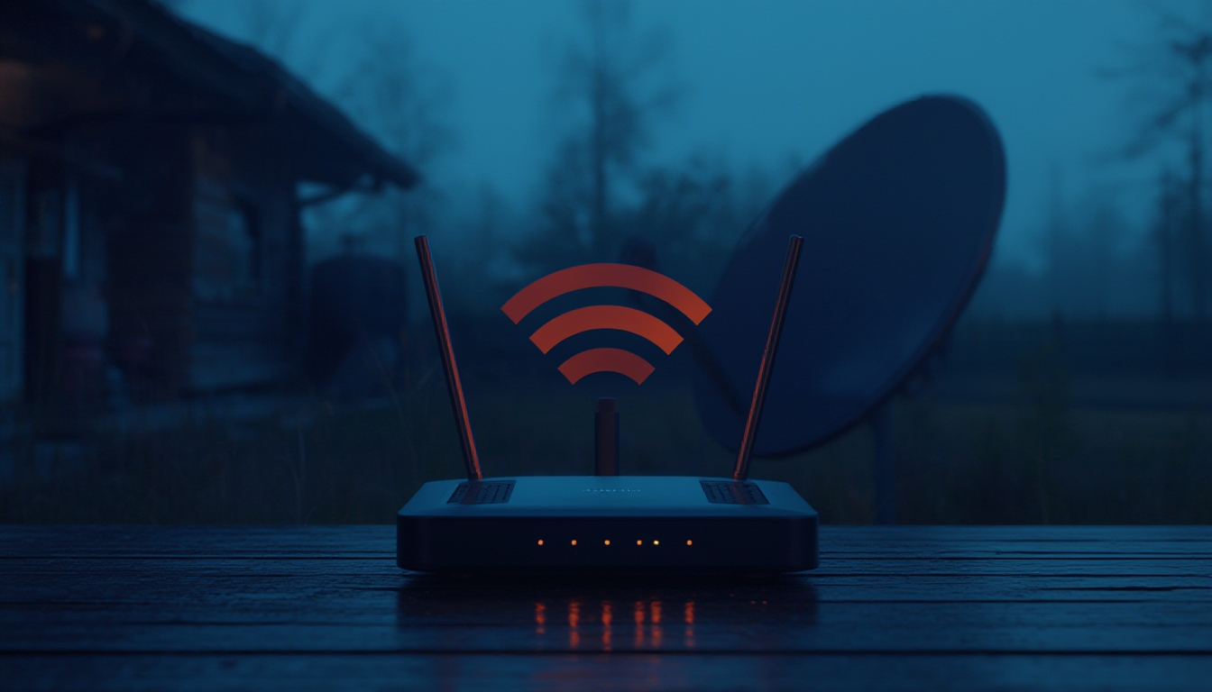 Roteador dual-band com antena parabólica em ambiente rural