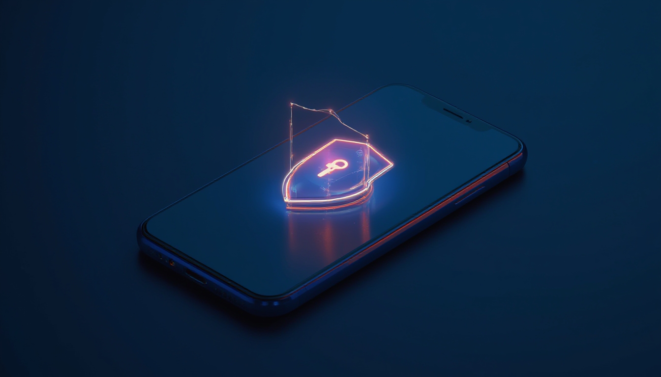 Smartphone com ícone de escudo brilhante representando atualização de segurança