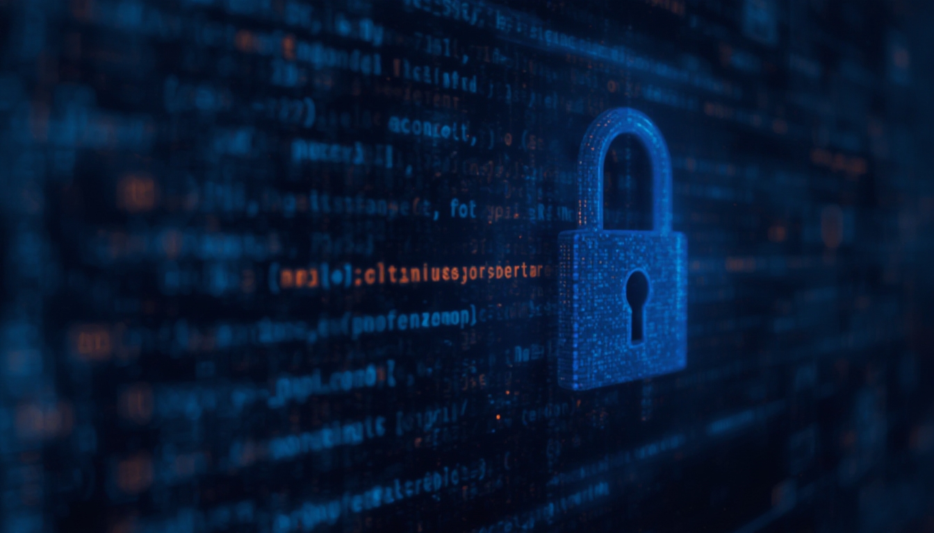 Código sendo corrigido com ícones de vulnerabilidade e cadeado digital fechando
