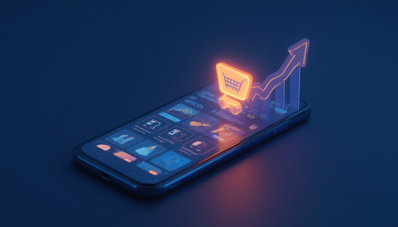 Tela de smartphone mostrando uma live de vendas com cartões de produto e gráfico de crescimento