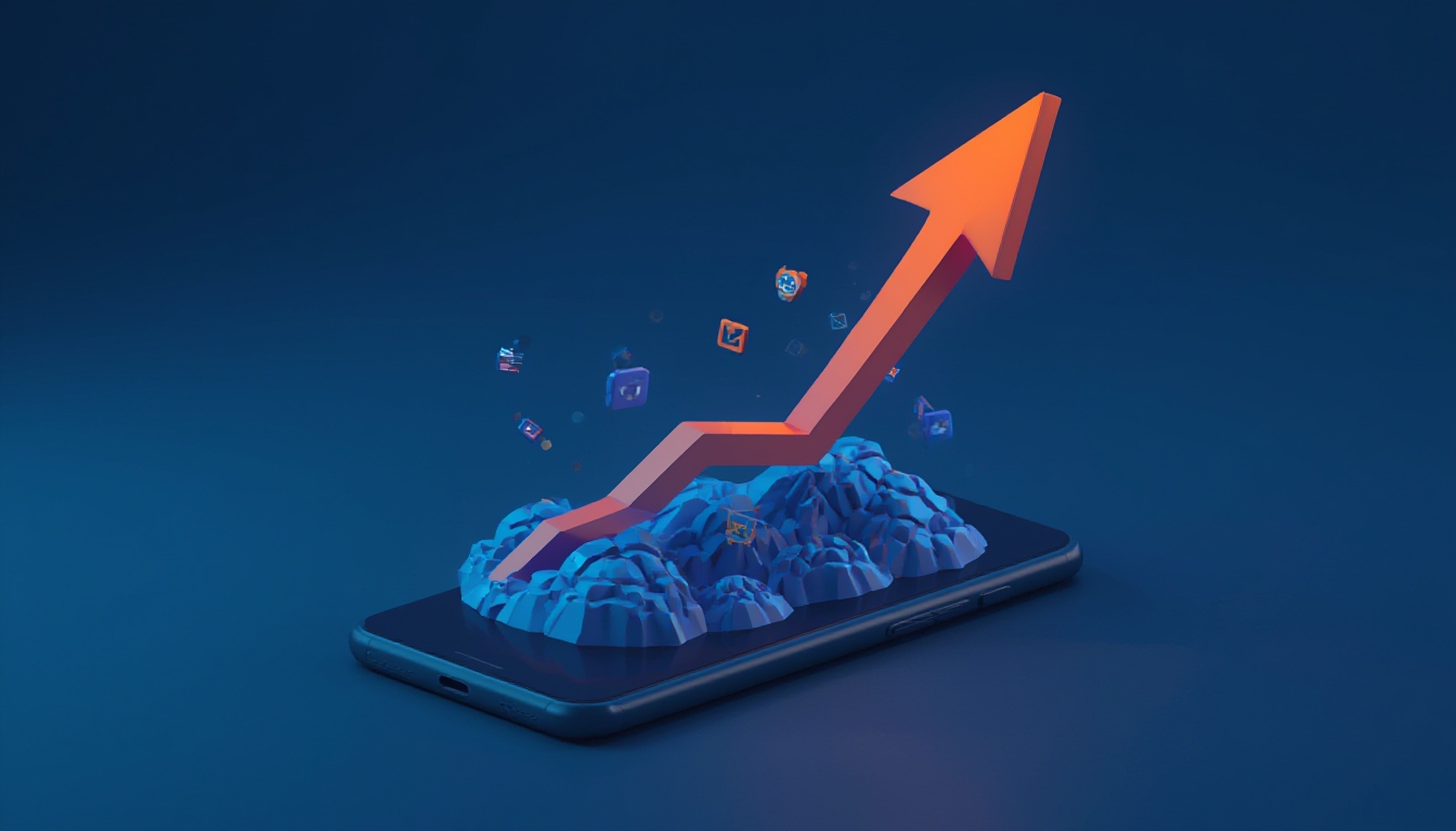 Seta de crescimento exponencial saindo de um celular com ícones de e-commerce ao redor
