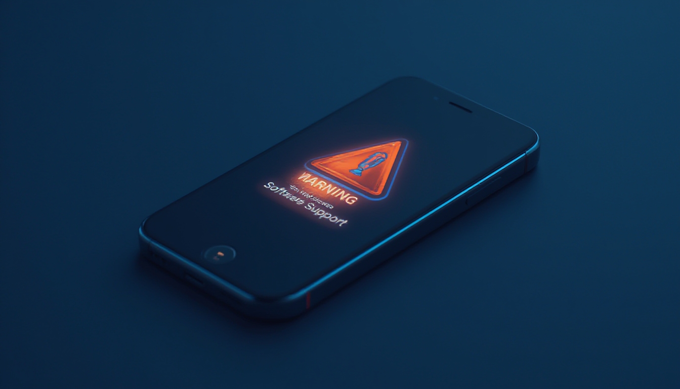 Smartphone antigo com ícone de aviso desbotando, representando fim de suporte de software
