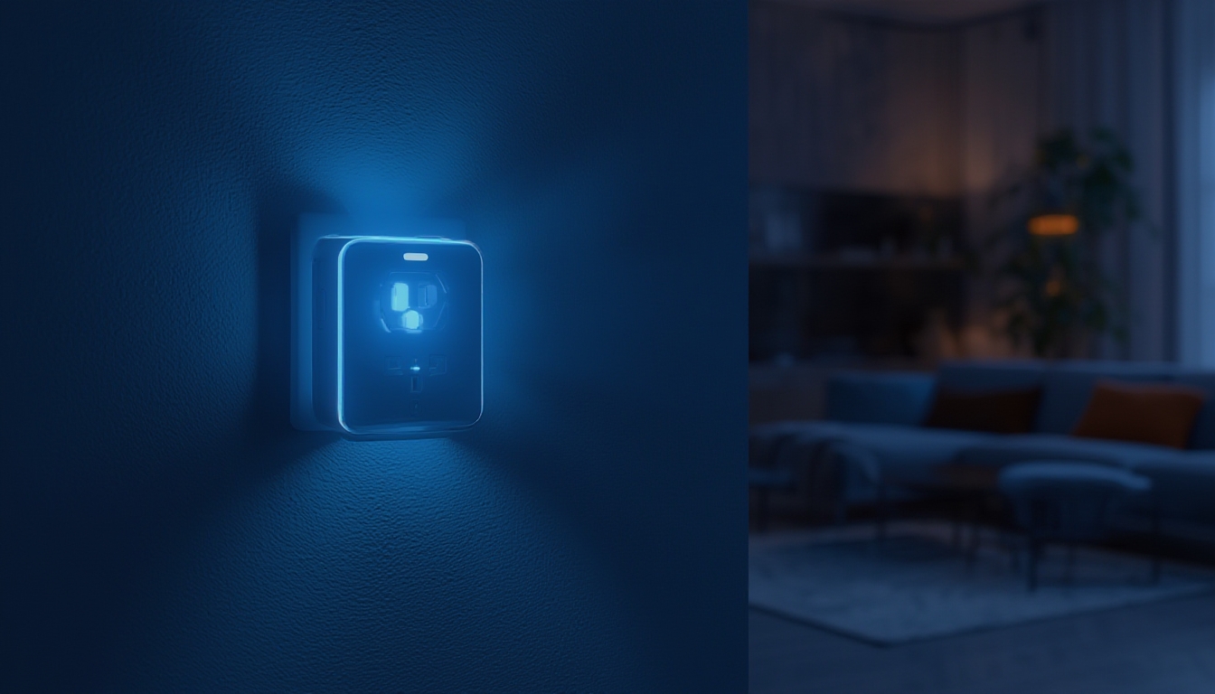 Tomada inteligente conectada a uma tomada de parede em sala moderna, ligada a um app de celular