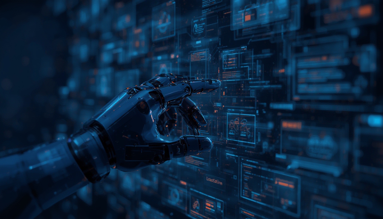 Mão de agente de IA navegando e clicando autonomamente por abas de navegador