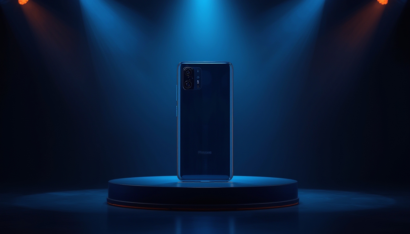 Smartphone premium em palco com holofote em atmosfera de evento de lançamento