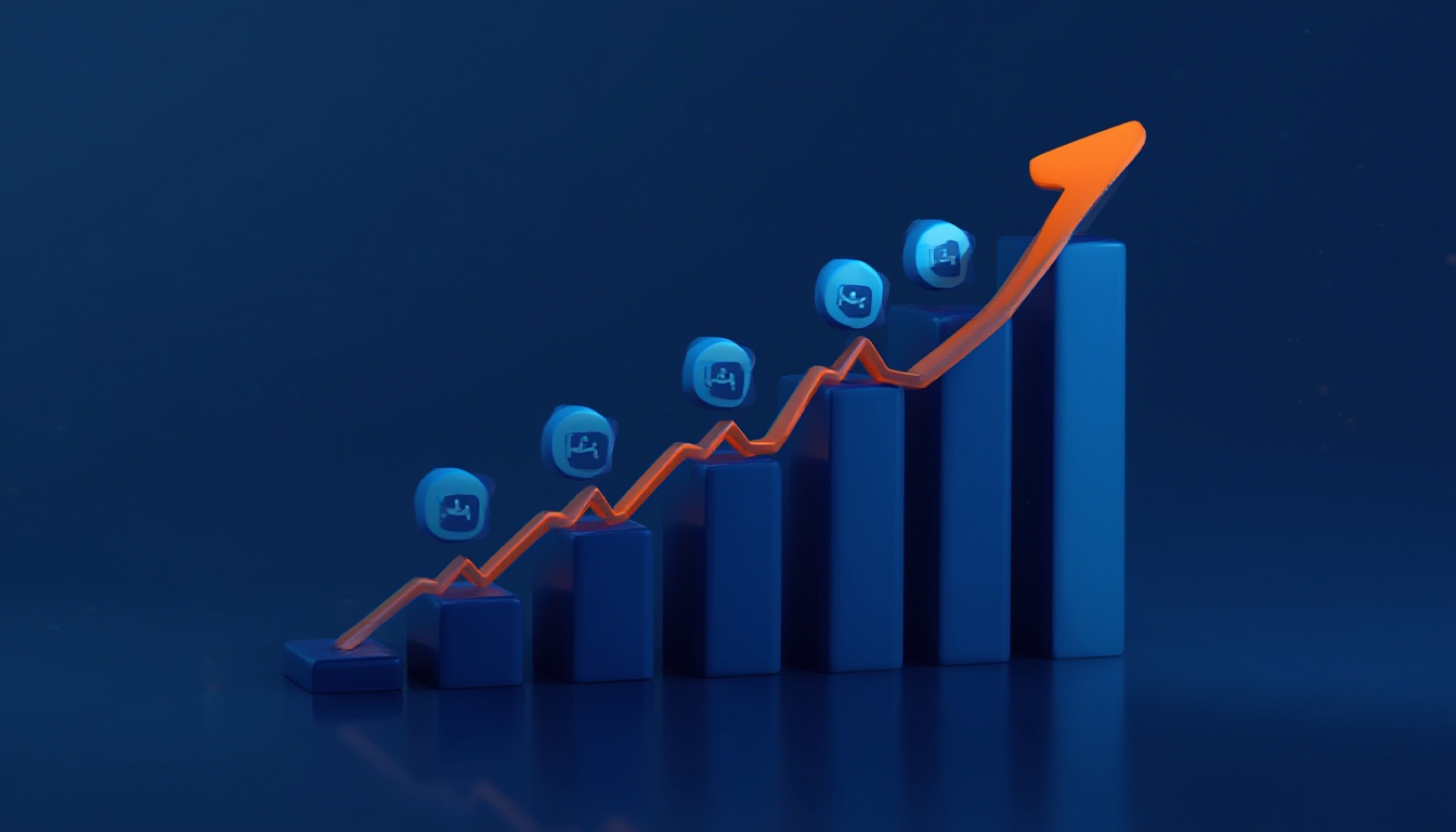 Gráfico de barras em crescimento com ícones de assinatura subindo, conceito de marketplace digital