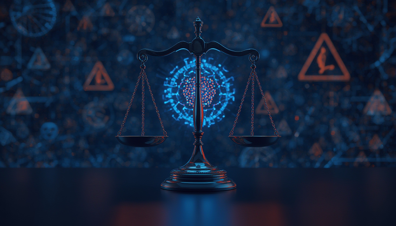 Balança da justiça equilibrando uma rede neural de IA brilhante contra símbolos de alerta
