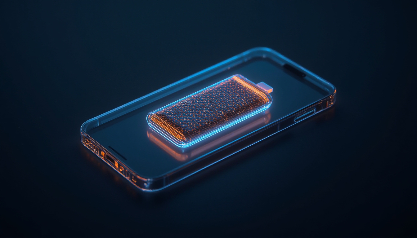 Célula de bateria de silício-carbono brilhando dentro de uma silhueta transparente de smartphone