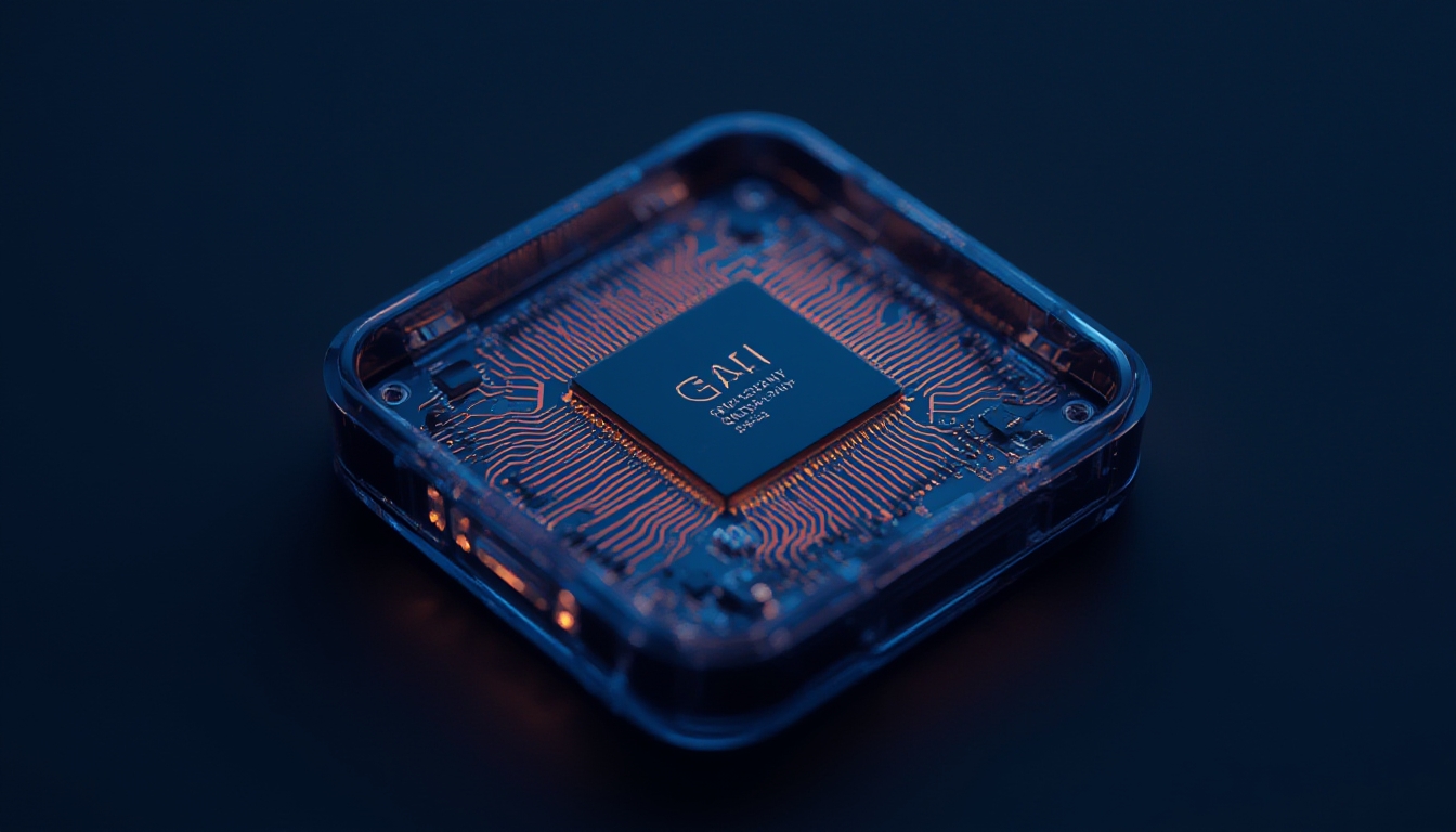 Vista em corte de um chip de carregador GaN dentro de um invólucro plástico compacto