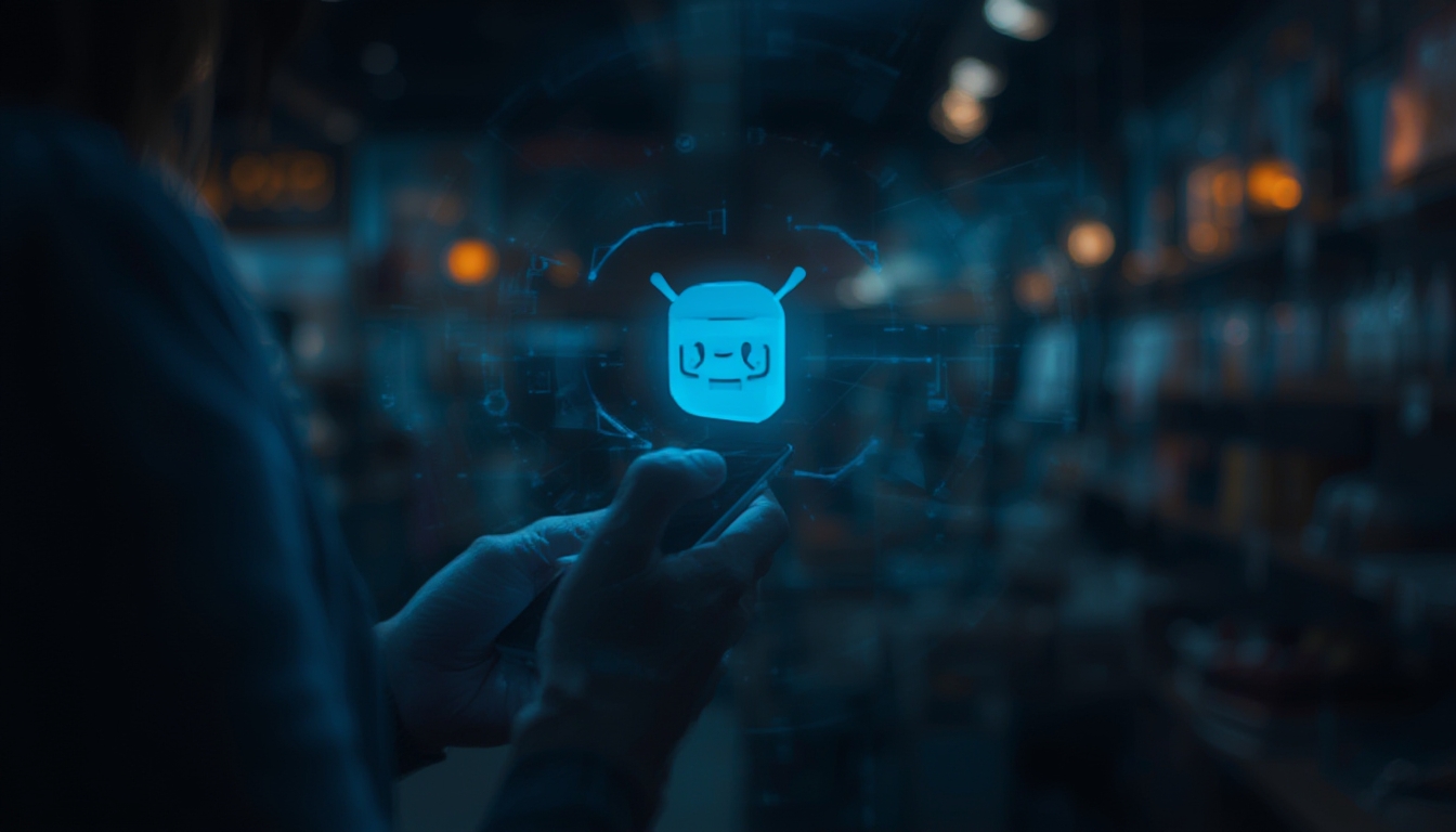Lojista pequeno usando chatbot de IA no smartphone